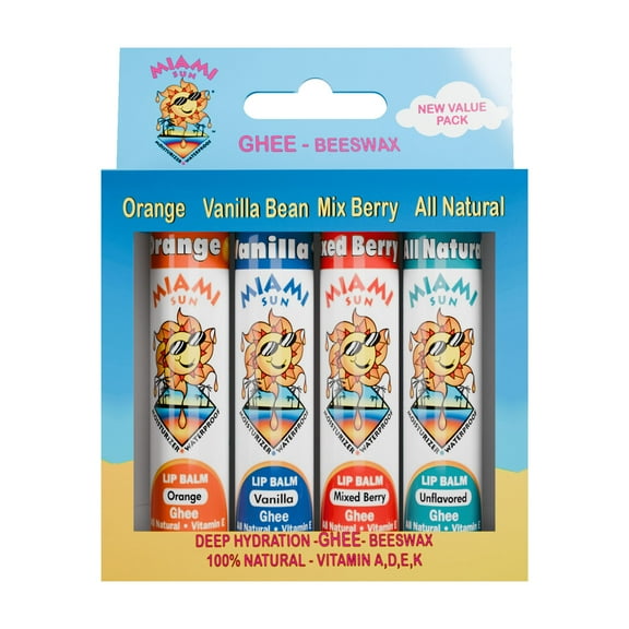 Miami Sun Anti-Aging Lip Balms Variety Gift Set, Mixed Berry, Natural, Orange & Vanilla Bean