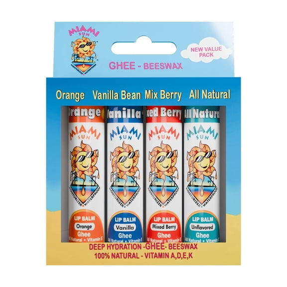 Miami Sun Natural Lip Balm Variety Gift Pack  Mixed Berry, Unflavored, Orange & Vanilla Bean  Moisturizing & Hydrating Lip Care with Ghee (4 pcs)