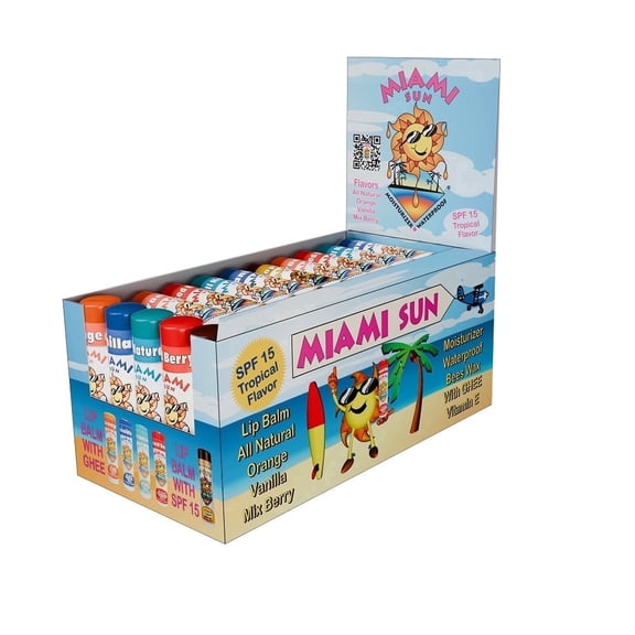 Miami Sun Variety Gift Pack Lip Balm Mixed Flavors, Mixed Berry, Unflavored, Orange, Vanilla Bean, SPF15 Tropical Flavor, 40 pcs)