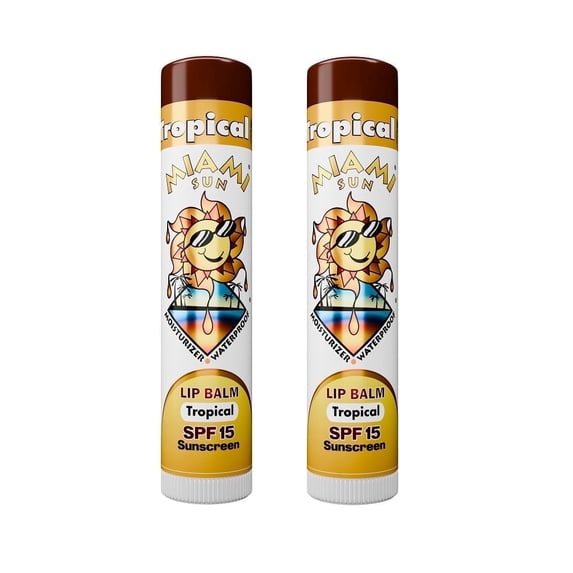 Miami Sun SPF15 Tropical Sunscreen Lip Balm – UVA/UVB Protection – with Coconut & Safflower Oils (2 pcs)