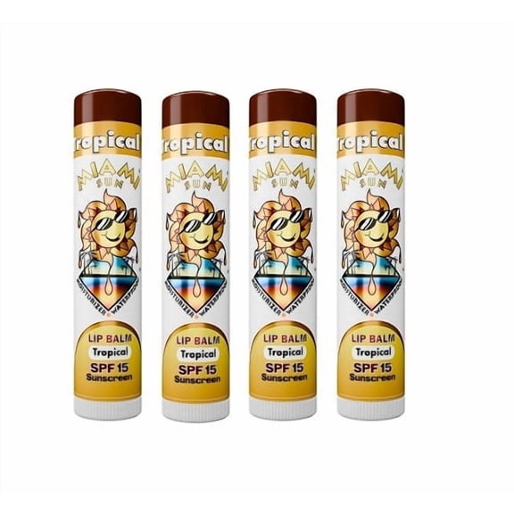 Miami Sun SPF15 Tropical Sunscreen Lip Balm UVA/UVB Protection with Coconut & Safflower Oils (4 pcs)