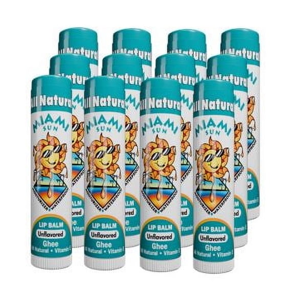 Miami Sun Natural Lip Balm – Unflavored – Moisturizing & Hydrating Lip Care with Ghee, Jojoba & Avocado Oils (12 pcs)