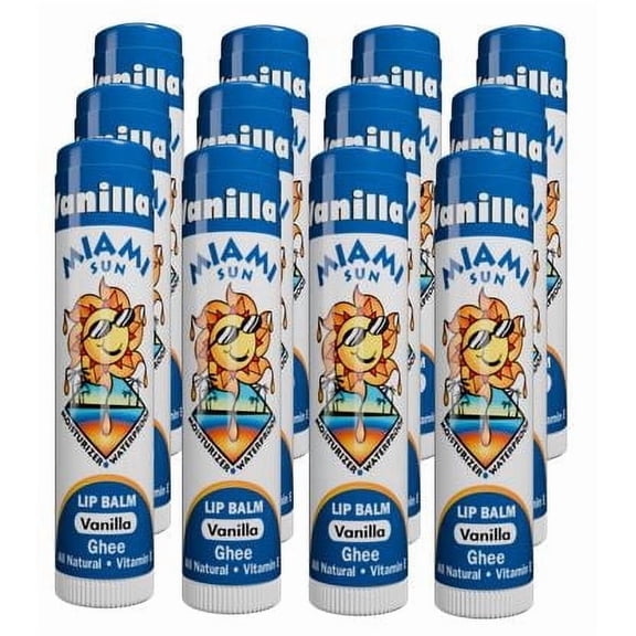 Miami Sun Natural Lip Balm – Vanilla Bean – Moisturizing & Hydrating Lip Care with Ghee, Jojoba & Avocado Oils (12 pcs)