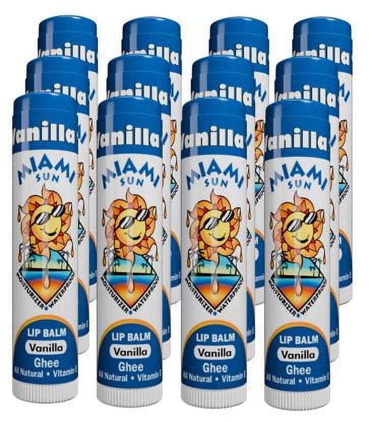 Miami Sun Natural Lip Balm – Vanilla Bean – Moisturizing & Hydrating Lip Care with Ghee, Jojoba & Avocado Oils (12 pcs)