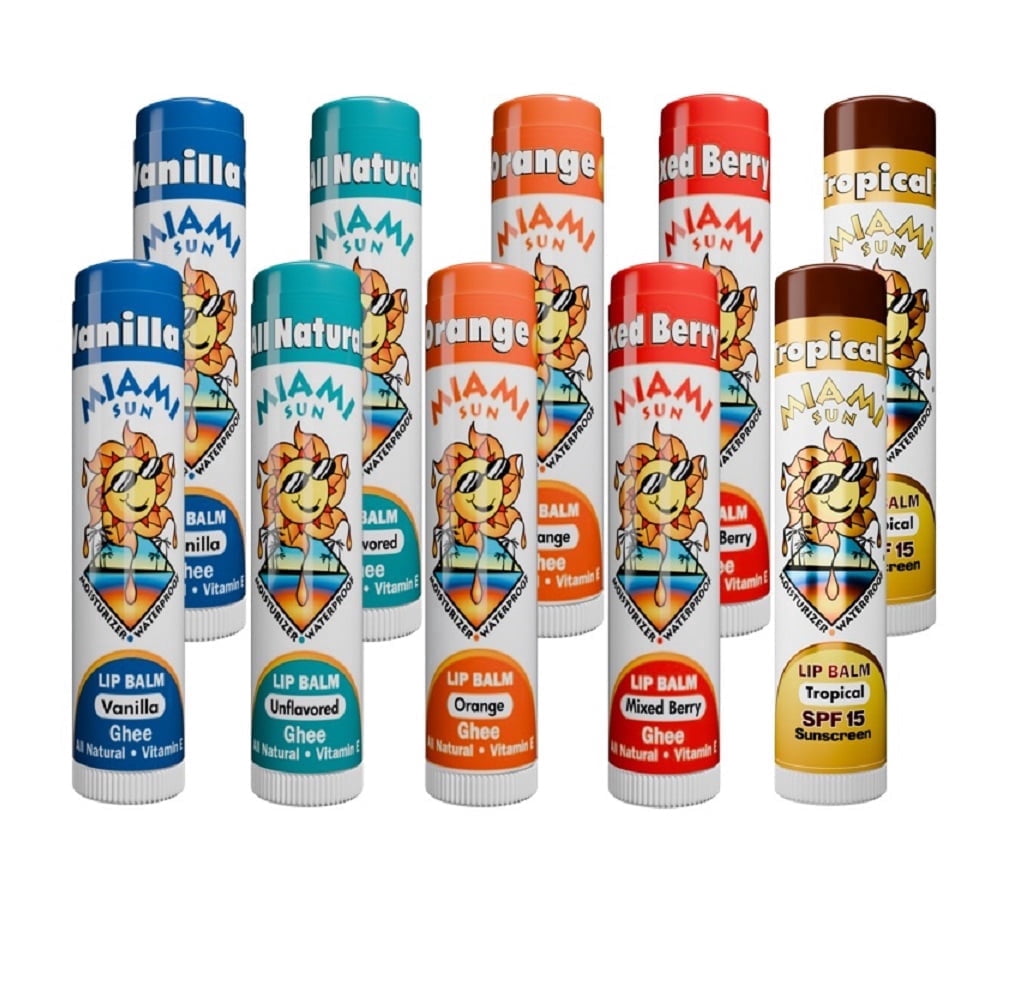Miami Sun Lip Balm Variety Pack – Natural Lip Balms with Ghee & Tropical SPF15 Sunscreen with Coconut Oil – Hydrating & Moisturizing Lip Care (10 pcs)