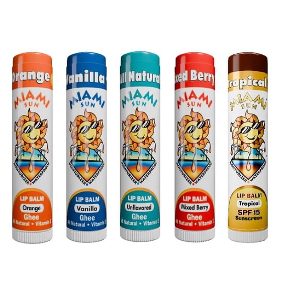 Miami Sun Lip Balm Variety Pack – Natural Lip Balms with Ghee & Tropical SPF15 Sunscreen with Coconut Oil – Hydrating & Moisturizing Lip Care (5 pcs)