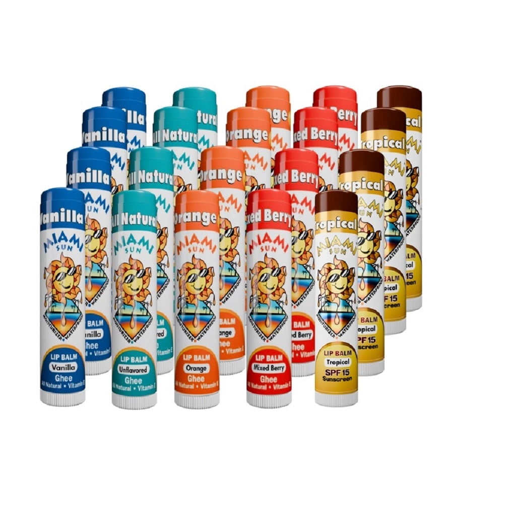 Miami Sun Variety Lip Balms, Mixed Natural & Tropical Flavor SPF 15, (20 Balms)
