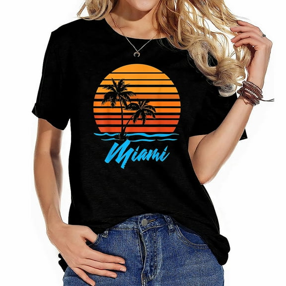 Miami Sunset Palm Trees Beach Vacation Tourist Gif Women's Cute Short Sleeve Shirts with Unique Prints