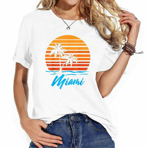 Miami Sunset Palm Trees Beach Vacation Tourist Gif Women's Cute Short Sleeve Shirts with Unique Prints