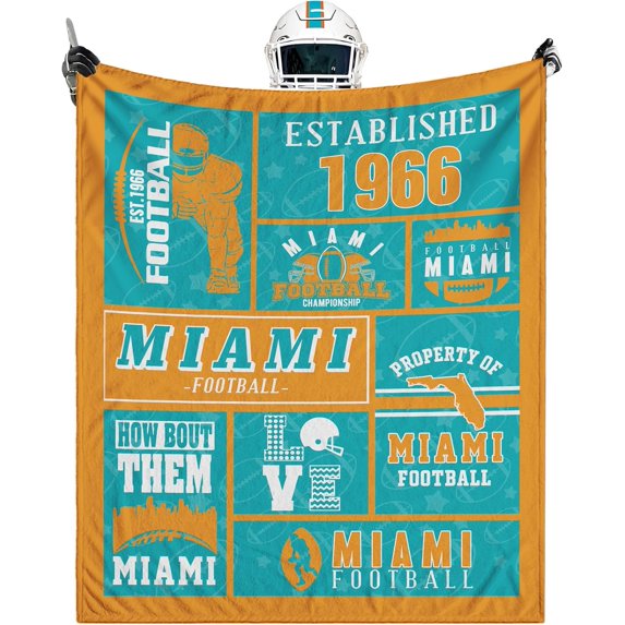 Miami Throw Blanket, American Football Sport Team Color Blanket, Soft Flannel Gifts for Men Women Fan Rugby Lovers Merch for Sofa Bed Decor, 50X40 in