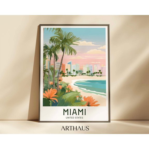Miami Travel United States Art Maximal Decor Mid Century Modern Vibrant Unframed Paper Print