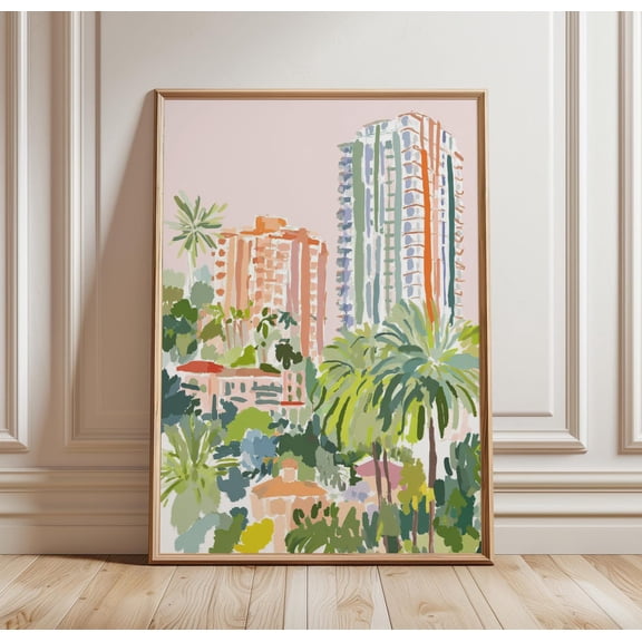 Miami Tropical Skyline Palm Trees And High Rise Buildings Florida Travel Wall Art, Unframed Paper Print