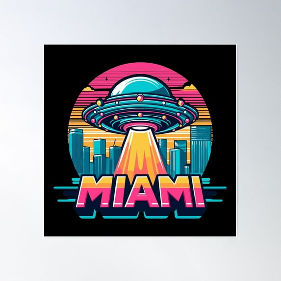 Miami Ufo | Funny Aliens In Miami Poster Wall Art, Modern Wall Decor For Living Room Bedroom, 17x17 UNFRAMED