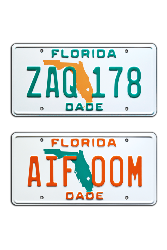 Miami Vice | Sonny Crockett's Ferraris | ZAQ 178 + AIF 00M | Metal Stamped Replica Prop License Plate Combo