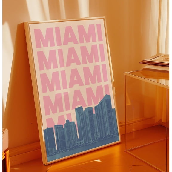 Miami Wall Art Print Blue Pink Miami Florida Travel Print Preppy Miami Dorm Decor Skyline Artwork Miami Fl Decor Home Decor #577, Unframed Poster Size 8x12