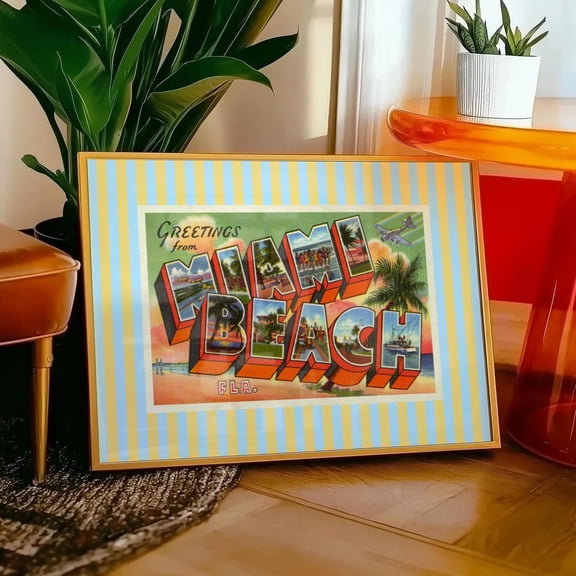 Miami Wall Art Print Vintage Florida Postcard Yellow And Blue Fl Travel Print Retro Miami Beach Striped Artwork Home Decor #498, Unframed Canvas Size 12x18