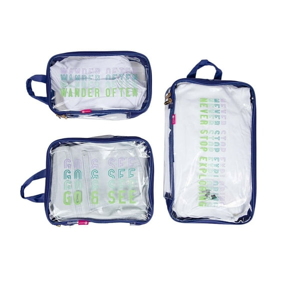 Miamica 3 Luggage Packing Cubes Set Space Saving Travel Organizer - Blue Wander Clear Design