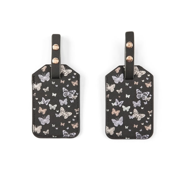Miamica Women's Luggage Tags with Sturdy Snack Straps, 4.5" x 2.75", Black Butterfly, 2-Pack