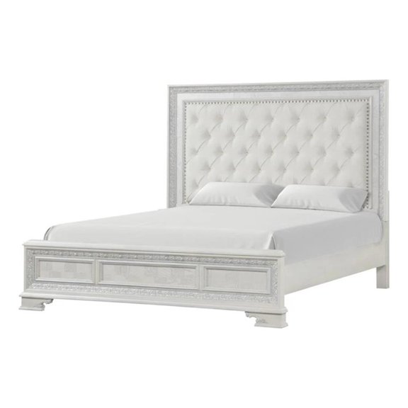 Miamy King Bed-Creamy White Pine Wood-Tufted Upholstery-Silver Accents