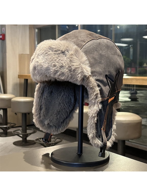 Unisex Wool Blend Trapper Hat, Star Pattern Fleece Lined Windproof Earflap Cap, Coffee