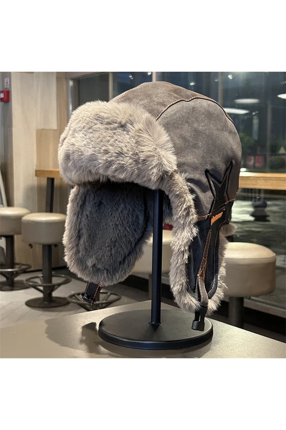 Unisex Wool Blend Trapper Hat, Star Pattern Fleece Lined Windproof Earflap Cap, Coffee