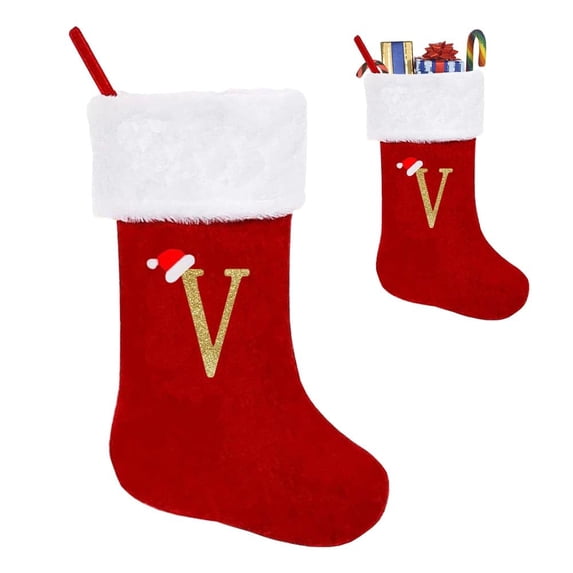 Miaocao 18.11 Inch Red Velvet Monogram Christmas Stocking, Personalized Embroidered Xmas Hanging Ornament for Fireplace Home Party Decor