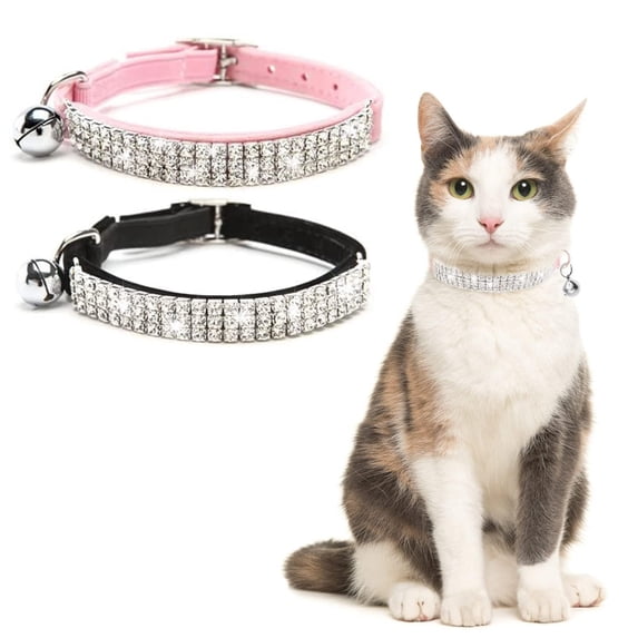 Miaocao 2 Pack Diamond Cat Collar with Bells and Safety Belt, Adjustable Soft Velvet Kitten Collar with Bling Heart Jewelry, Cute Purple & Pink Cat Collars for Girls & Boys(Neck Girth 8"-10")