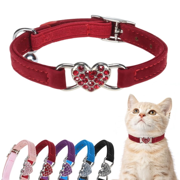 Miaocao 2 Pack Diamond Cat Collar with Bells and Safety Belt, Adjustable Soft Velvet Kitten Collar with Bling Heart Jewelry, Cute Purple & Pink Cat Collars for Girls & Boys(Neck Girth 8"-10")