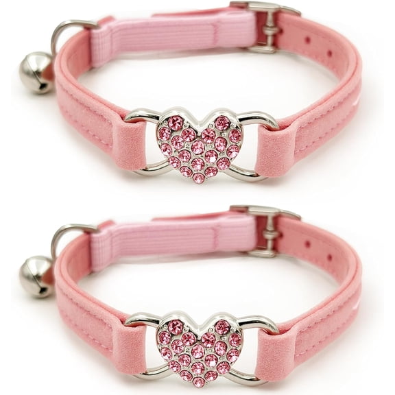 Miaocao 2-Pack Pink Shimmering Rhinestone Heart Cat Collars with Bell, Adjustable Safety Collars for Cats & Small Pets