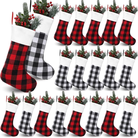 Miaocao 20 Pcs Christmas Buffalo Plaid Stockings 18 Inch Xmas Black Red White Plaid Stockings with Plush Cuff Hanging Buffalo Plaid Christmas Stocking for Xmas Home Fireplace Holiday Party Decor