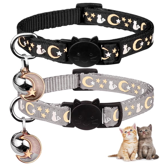Miaocao 2PCS Breakaway Cat Collars with Bell Moons Stars Cute Kitty Adjustable Safe Kitten Collars with Pendant Glow in The Dark