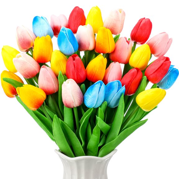 Miaocao 30 Pcs Tulips Artificial Bouquet Flowers Faux Tulips for Home Kitchen Wedding Decorations,Gift Idea for Easter Decor Mother's Day Birthdays(Rose Red)