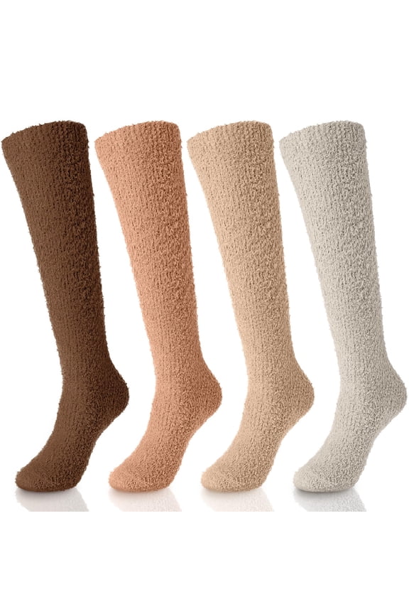 4 Pairs Long Fuzzy Socks Soft Warm Fluffy Knee High Socks Plush Cozy Long Stockings for Women Patients Recovery