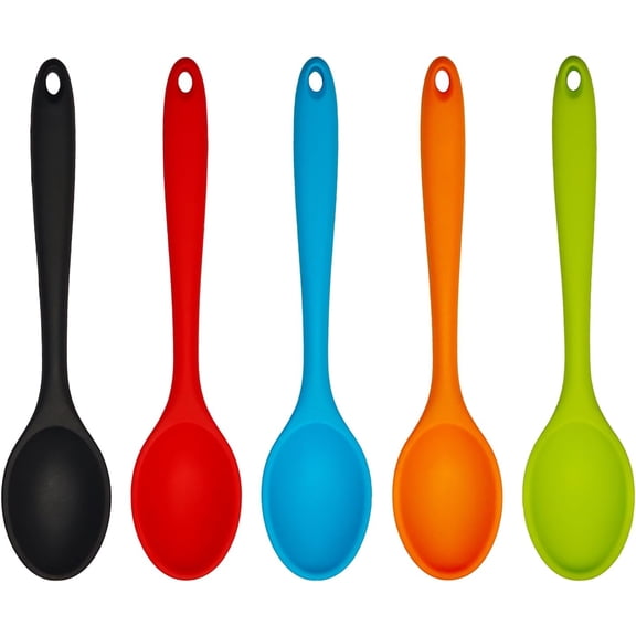 Miaocao 5 Pcs Small Silicone Spoons, 8 Inch Heat Resistant & Non-Stick Kitchen Spatula Set for Cooking, Baking, Stirring Mixing (Black, Red, Green, Orange, Blue)