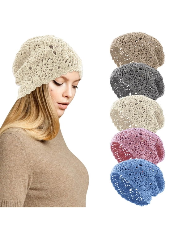5Pcs Crochet Slouchy Beanie Hat Fall Handmade Knit Floral Skull Cap Lightweight Cotton Cutout Summer Hats for Women Girls