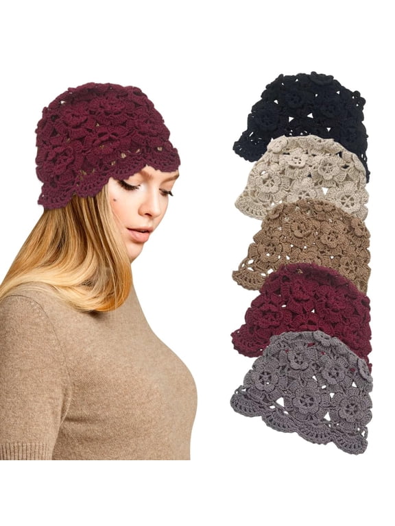 5Pcs Crochet Slouchy Beanie Hat Fall Handmade Knit Floral Skull Cap Lightweight Cotton Cutout Summer Hats for Women Girls