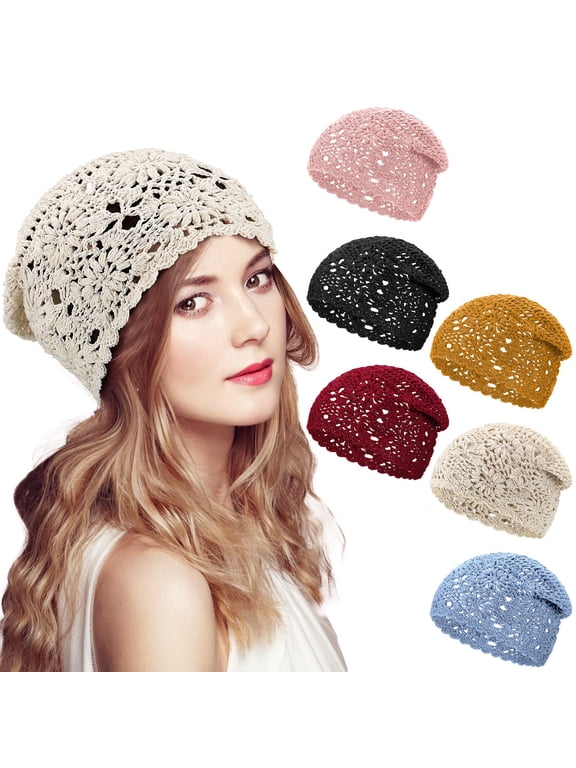 6 Pcs Cotton Crochet Beanie for Women Slouchy Knit Crochet Hat Summer Winter Soft Comfortable Floral Skull Cap Daily