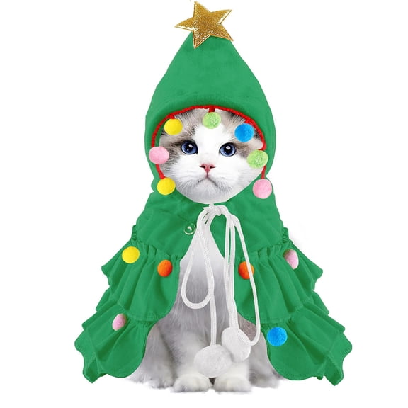 Miaocao Cat Christmas Outfit Red Pet Cloak with Hat with Star and Pompoms Puppy Cape Clothes Xmas Tree Elf Costumes Party Pet Supplies Accessories for Small Dogs Cats Pet Santa Presents