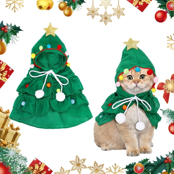 Miaocao Christmas Costume Cat Christmas Cloak with Star Hat, Lovely Xmas Tree Shape Dog Costume Cat Cloak with Adjustable Rope for Cats Puppy Kitten Small Dogs Pets Cosplay Party Xmas New Year, Red