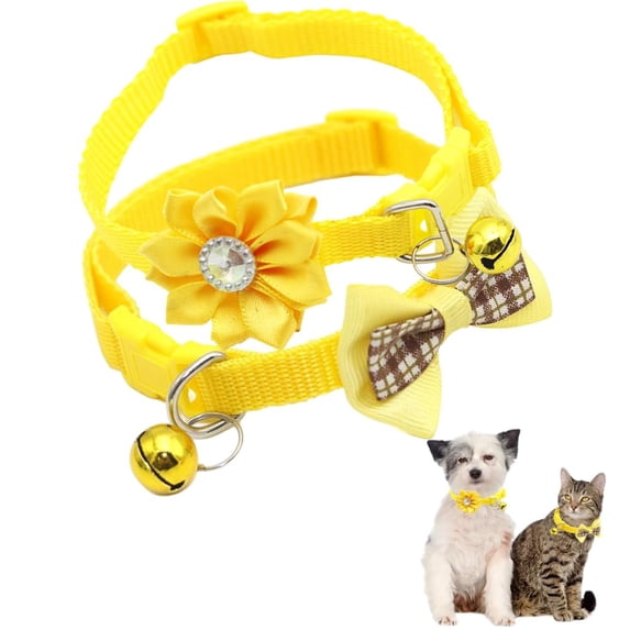 Miaocao Pink Dog Collar with Bell, 2-Pack Bowtie Puppy Collar with Bells for Girls Floral Kitten Cat Collars for Tiny Little XXS XS XSmall Extra Small Breed Pets Dogs Female, X-Small