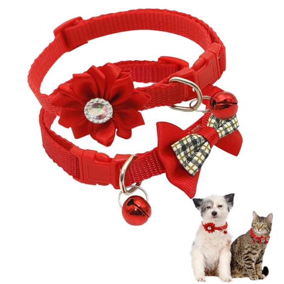 Miaocao Pink Dog Collar with Bell, 2-Pack Bowtie Puppy Collar with Bells for Girls Floral Kitten Cat Collars for Tiny Little XXS XS XSmall Extra Small Breed Pets Dogs Female, X-Small