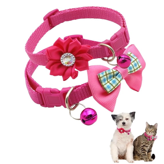 Miaocao Pink Dog Collar with Bell, 2-Pack Bowtie Puppy Collar with Bells for Girls Floral Kitten Cat Collars for Tiny Little XXS XS XSmall Extra Small Breed Pets Dogs Female, X-Small