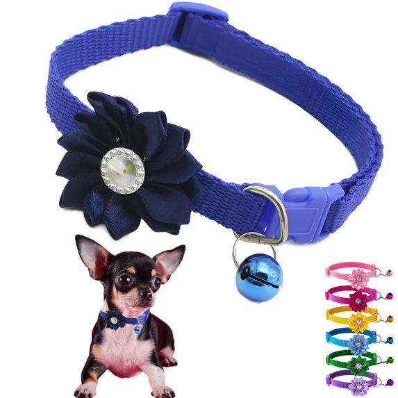Miaocao Puppy Collar with Bell and Flower, 2 Pack XS Dog Collars with Bell and Floral Girl Cute for XXS XS Extra Small Female Dogs Cats Tiny Pets Little Kitten Yorkie Chihuahua Pink Purple