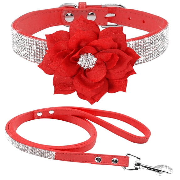 Miaocao Rhinestone Dog Collar and Leash Set, Soft Suede Leather Pet Collar with Bling Crystal Studs Multiple styles and colors