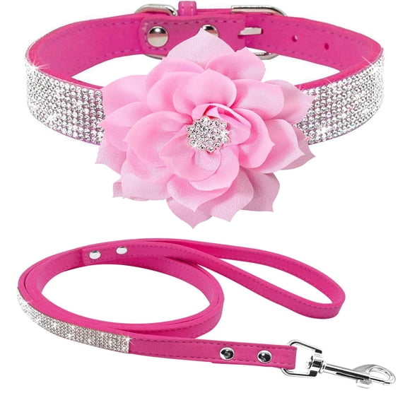 Miaocao Rhinestone Dog Collar and Leash Set, Soft Suede Leather Pet Collar with Bling Crystal Studs Multiple styles and colors