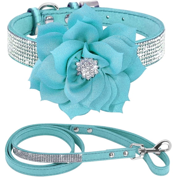 Miaocao Rhinestone Dog Collar and Leash Set, Soft Suede Leather Pet Collar with Bling Crystal Studs