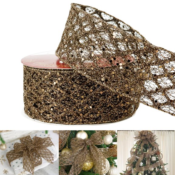 Miaocao White Glitter Ribbon for Christmas Tree 2-1/2" Diamond Mesh Wired Christmas Ribbon for Tree Decorations, Gift Wrapping, Bows, Wreath Supplies, Garlands- Continuous 10 Yards