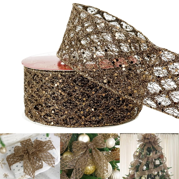 Miaocao White Glitter Ribbon for Christmas Tree 2-1/2" Diamond Mesh Wired Christmas Ribbon for Tree Decorations, Gift Wrapping, Bows, Wreath Supplies, Garlands- Continuous 10 Yards