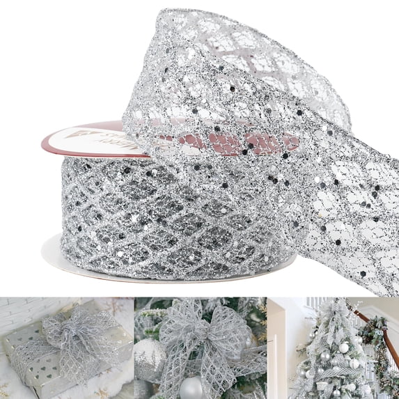 Miaocao White Glitter Ribbon for Christmas Tree 2-1/2" Diamond Mesh Wired Christmas Ribbon for Tree Decorations, Gift Wrapping, Bows, Wreath Supplies, Garlands- Continuous 10 Yards