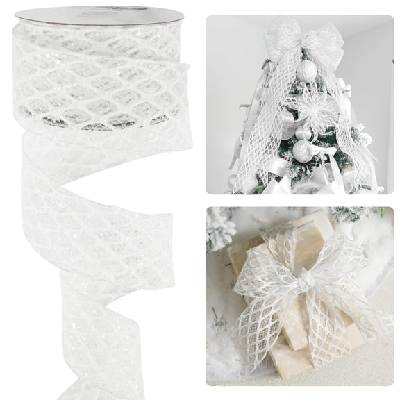 Miaocao White Glitter Ribbon for Christmas Tree 2-1/2" Diamond Mesh Wired Christmas Ribbon for Tree Decorations, Gift Wrapping, Bows, Wreath Supplies, Garlands- Continuous 10 Yards